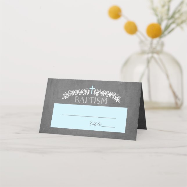 Cartão De Mesa Elegante Laurels Blue | Placecard de batismo (Frente)