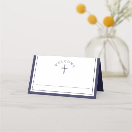 Cartão De Mesa Elegante Primeira Comunhão Menino Azul Marinho