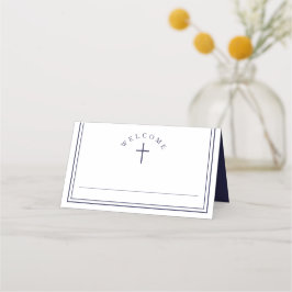Cartão De Mesa Elegante Primeira Comunhão Menino Azul Marinho