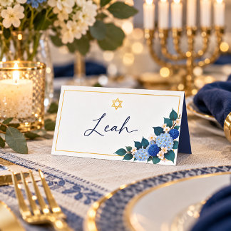 Cartão De Mesa Elegante Quadro de Hanukkah Dourado Floral Azul