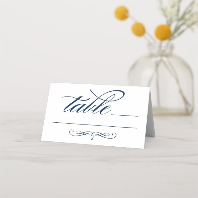 Cartão De Mesa Elegante Script de Caligrafia Azul-Marinho para Ca (Frente)