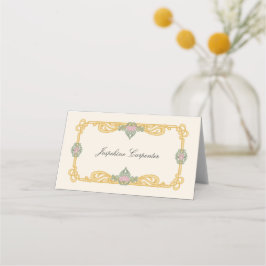 Cartão De Mesa Elegante Verde Salvia e Arte Nova Dourada