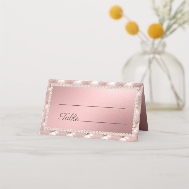 Cartão De Mesa Elegantes Pérolas Rosa em Ouro Rosé Chic (Frente)