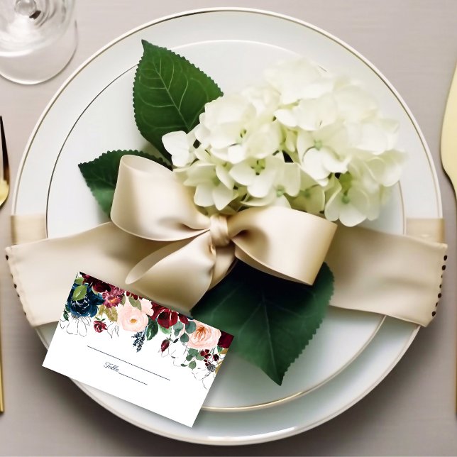 Cartão De Mesa Embrace Florals Wedding | Marinho Borgonha Azul (Criador carregado)