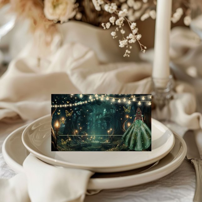 Cartão De Mesa Encantada Floresta Emerald Green Vestida Quinceañe (enchanted forest emerald green dress starry night fireflies fairy lights Quinceañera place cards)