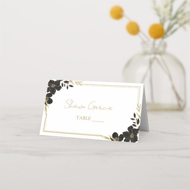 Cartão De Mesa Escrito Elegante Preto e Dourado Casamento Floral  (Frente)