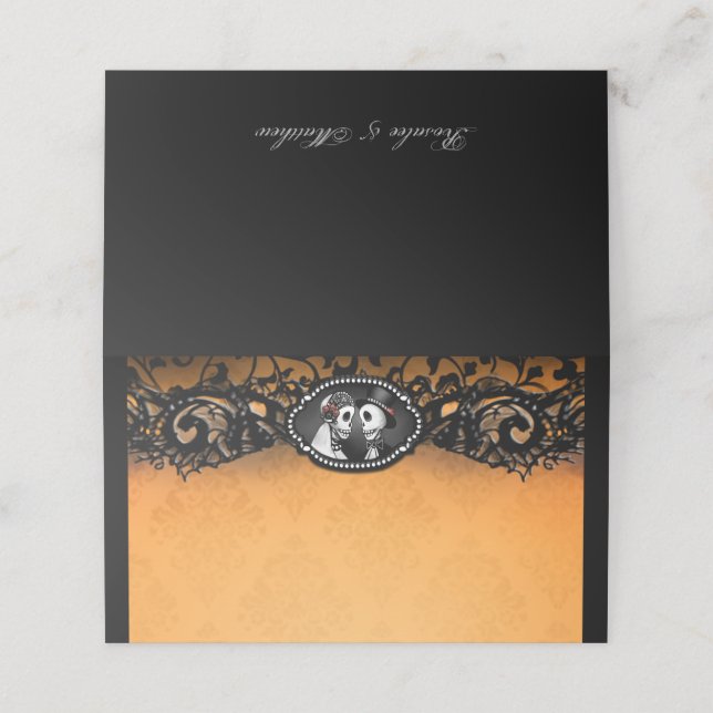 Cartão De Mesa Esqueletos de Casamento Elegante Laranja Black Lac (Exterior/Desdobrado)