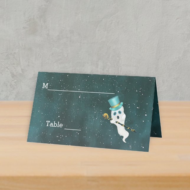 Cartão De Mesa Fantasmagórico Chapéu Azul de Cima Caveira Bengala (Floating fancy ghost top hat gold skull cane in night sky with stars on standing table place card.)
