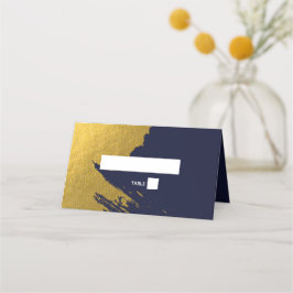 Cartão De Mesa Faux Dourado Brushstrokes e Marinho Casamento Azul