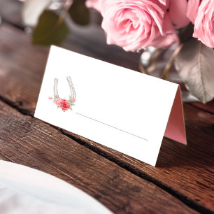 Cartão De Mesa Ferradura e rosas vermelhas rosa cinza casamento