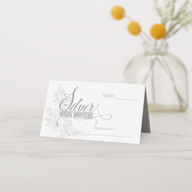 Cartão De Mesa Festa de Aniversário do 25 Silver com Rosas Branca (Frente)