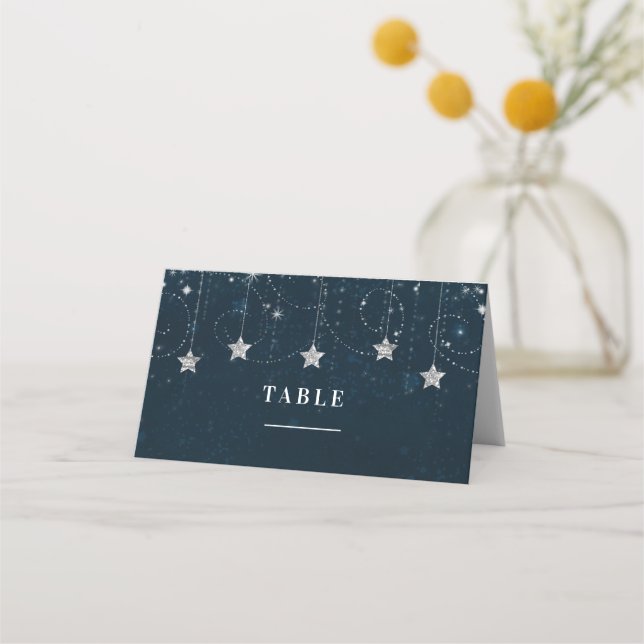 Cartão De Mesa Festa de Estrelas Celestiais Prateadas Encantadas (Frente)