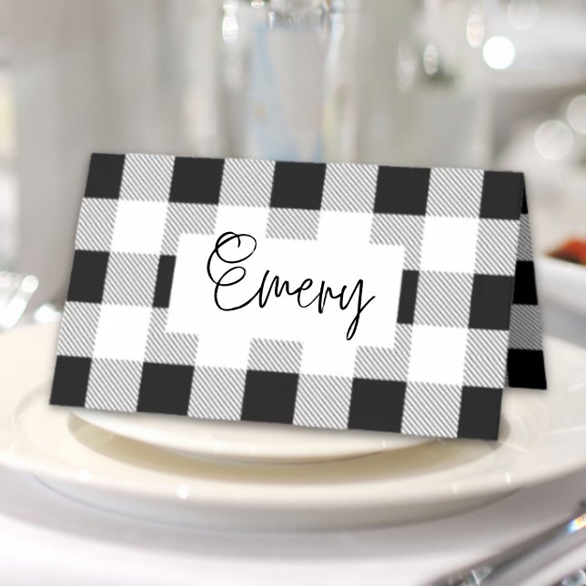 Cartão De Mesa festa xadrez búfalo preto e branco de casa de faze (rustic farmhouse black white buffalo plaid party place card)
