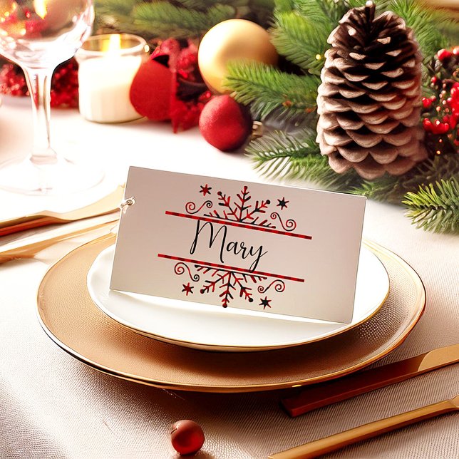 Cartão De Mesa Floco de neve vermelho e xadrez preto Natal (Criador carregado)