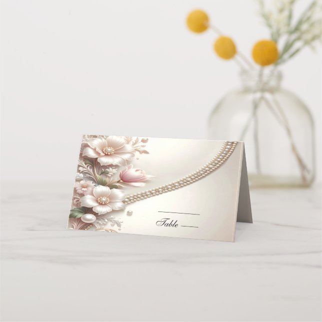 Cartão De Mesa Floral and Pearl Embellishments Place Card (Frente)