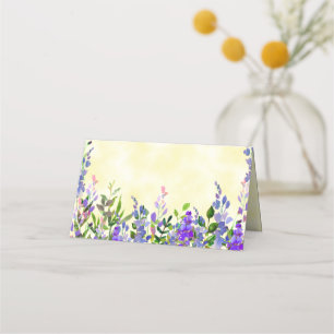 Cartão De Mesa Floral de Aquarela Roxa em Nome Amarelo