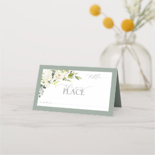Cartão De Mesa Floral de Aquarela Verde de Cinza Branca Elegante