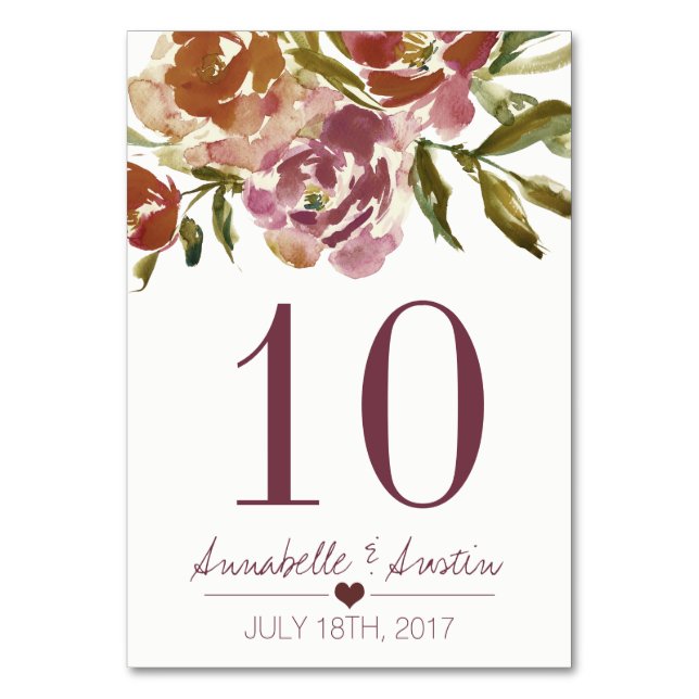 Cartão de Mesa Floral de Casamento de Borgonha Mar (Frente)