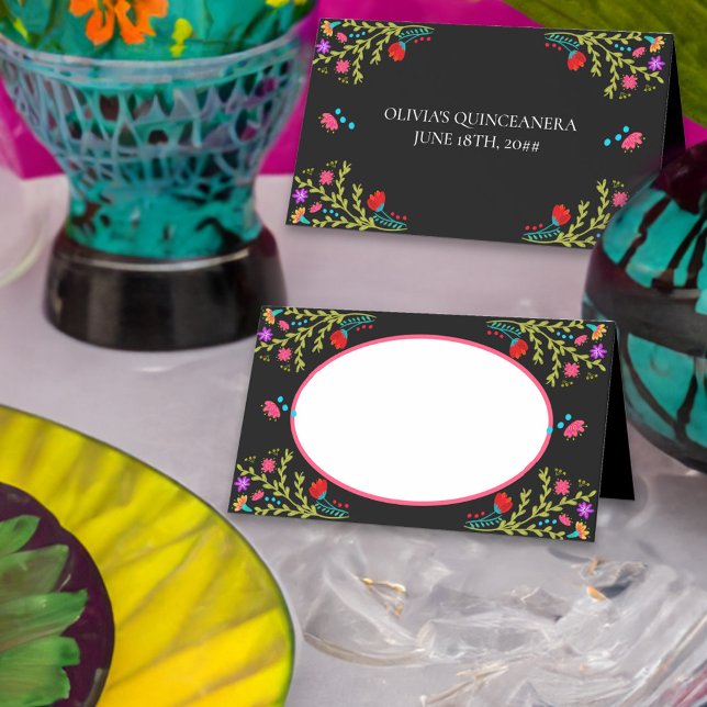 Cartão De Mesa Floral de Fiesta Mexicano com Nome Frame (Place card with space for guest name, personalized on the back and colorful mexican fiesta flowers)