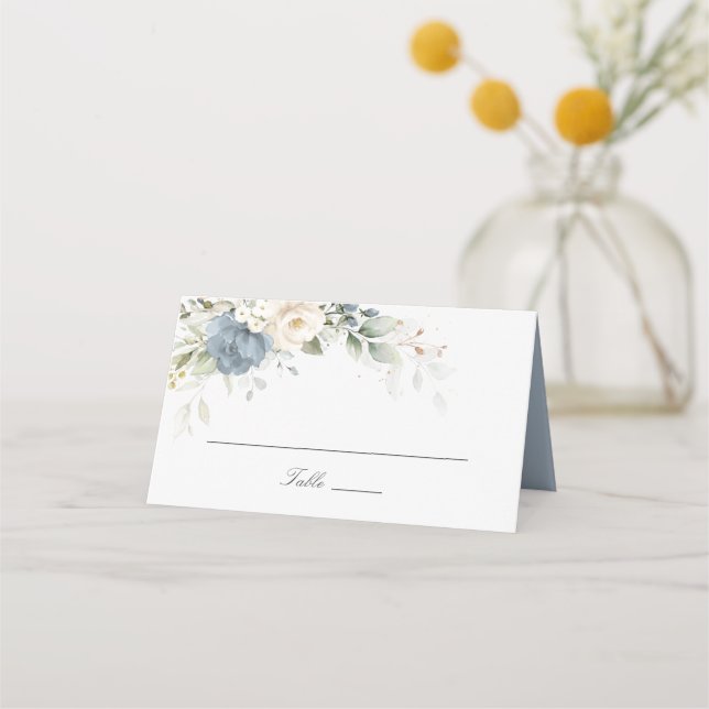 Cartão De Mesa Floral Dusty Blue Greenery Elegant Wedding (Frente)
