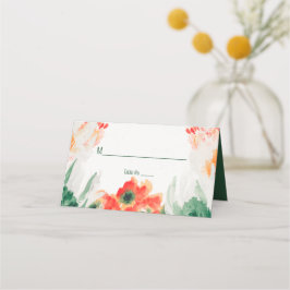 Cartão De Mesa Floral em Aquarela Verde Floresta, Laranja, Branco