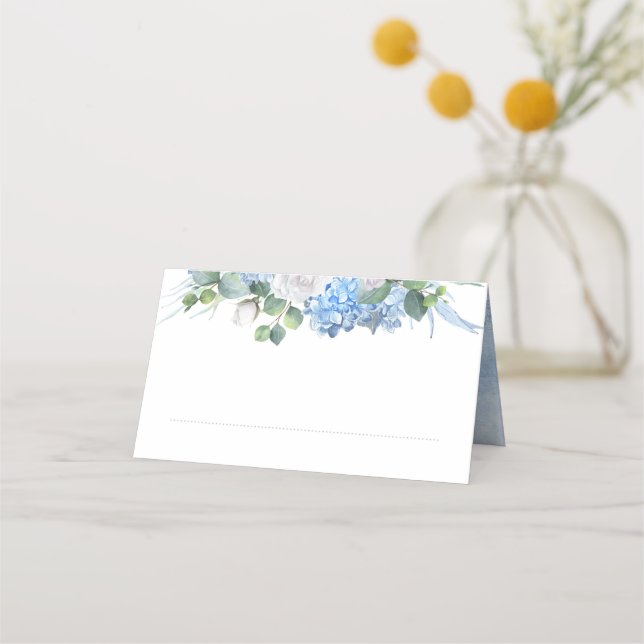Cartão De Mesa Floral Greenery Elegante Dusty Blue Wedding (Verso)
