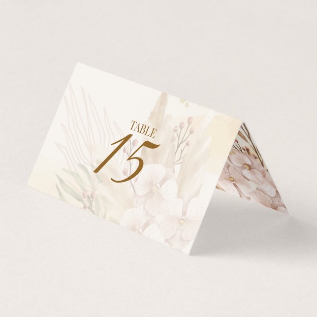 Cartão de Mesa Floral Rústico Bege e Dourado Boho (Frente)