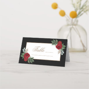 Cartão De Mesa Floral Vermelho para Caligrafia Dourada Elegante
