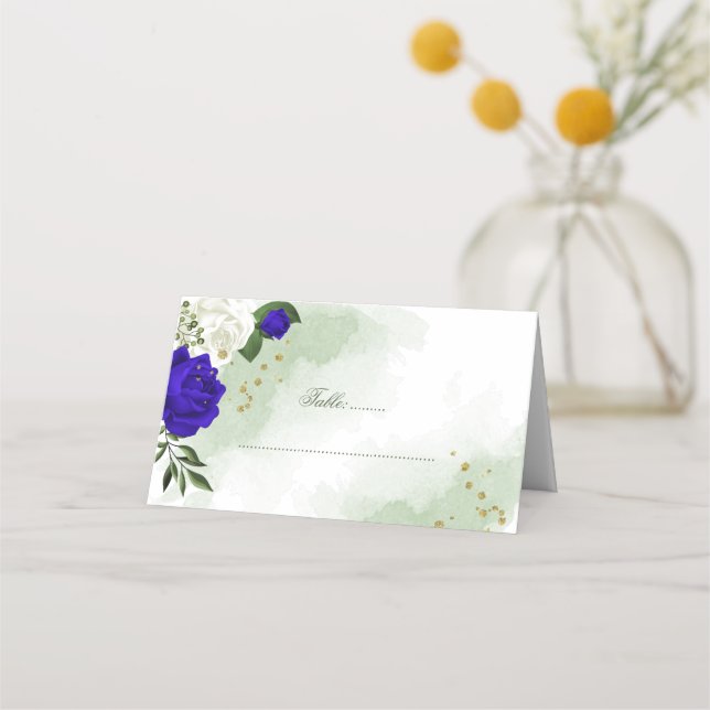 Cartão De Mesa flores azuis e brancas reais (Frente)