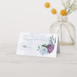 Cartão De Mesa Flores azuis roxas folhas verdes casamento