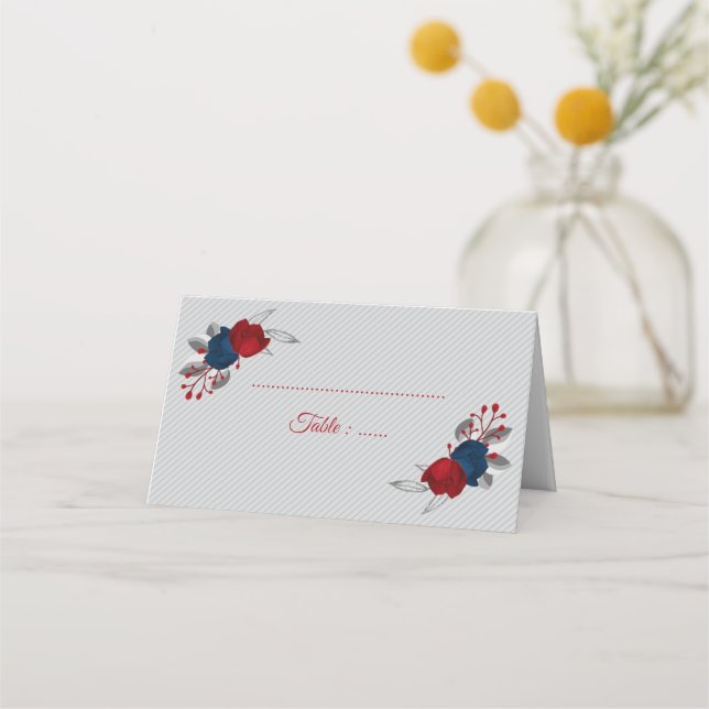 Cartão De Mesa flores azuis vermelhas e marinhos folhas prateadas (Frente)