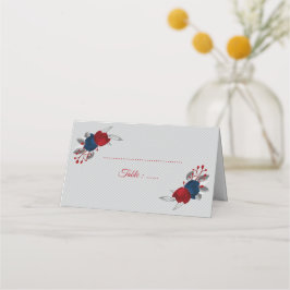 Cartão De Mesa flores azuis vermelhas e marinhos folhas prateadas