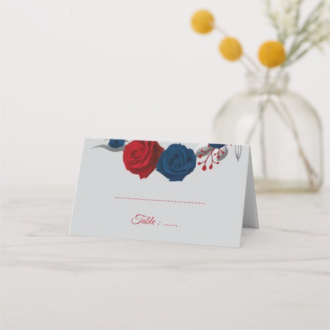 Cartão De Mesa flores azuis vermelhas e marinhos folhas prateadas (Frente)