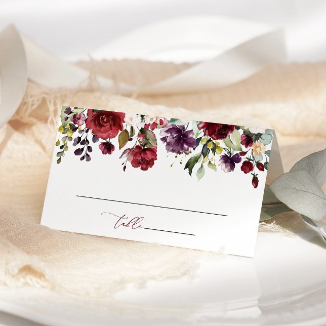 Cartão De Mesa Flores Borgonha, Flores Rosa, Folhagem, Casamento (Criador carregado)