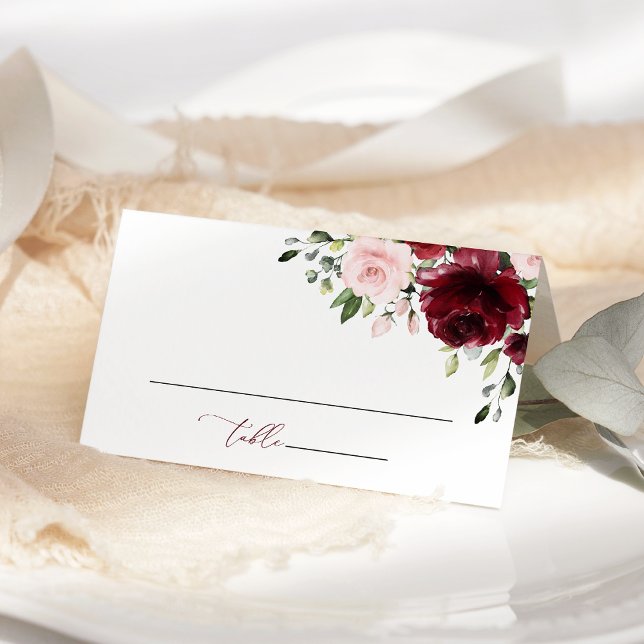 Cartão De Mesa Flores Borgonha, Flores Rosa, Folhagem, Casamento (Criador carregado)