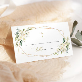 Cartão De Mesa Flores Brancas, Flores Creme, Verdura, Batismo