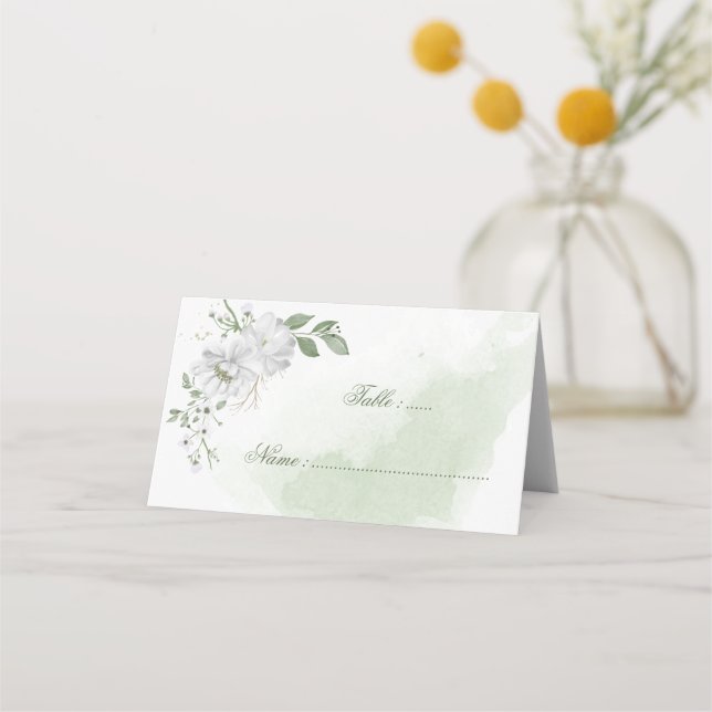 Cartão De Mesa flores brancas folhas verdes botânicas (Frente)