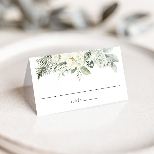 Cartão De Mesa Flores Brancas Luxuriantes e Casamento com Verdor (Criador carregado)