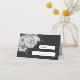 Cartão De Mesa flores brancas românticas, preto botânico