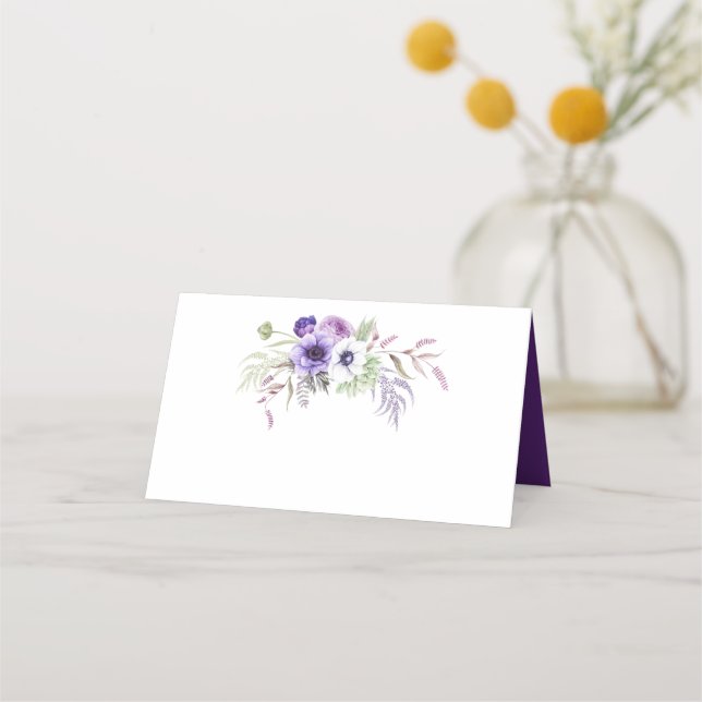 Cartão De Mesa Flores de Aquarela Branca de Lavanda Roxa (Frente)