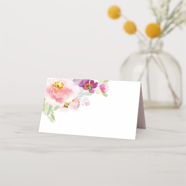 Cartão De Mesa Flores Rosa e Roxo Pastel em Aquarela (Frente)