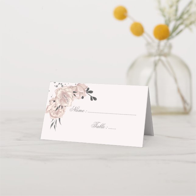 Cartão De Mesa flores rosadas poeirentas folhas e pétalas pretas (Frente)