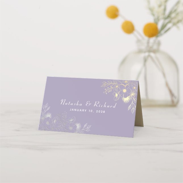 Cartão De Mesa Flores Roxas Casamento Elegante (Verso)