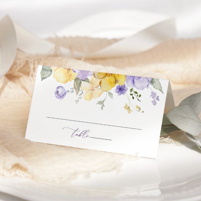 Cartão De Mesa Flores Roxas, Flores Amarelas, Verdura, Casamento (Criador carregado)