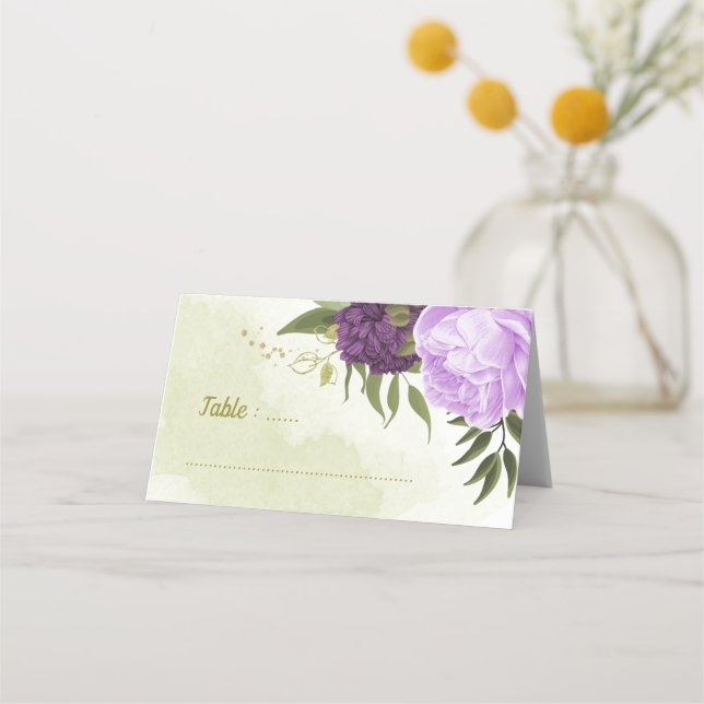 Cartão De Mesa flores roxas folhas verdes (Frente)