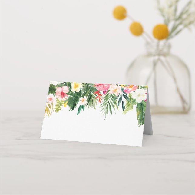 Cartão De Mesa Flores Tropicais de Aquarela e Casamento Verde (Frente)