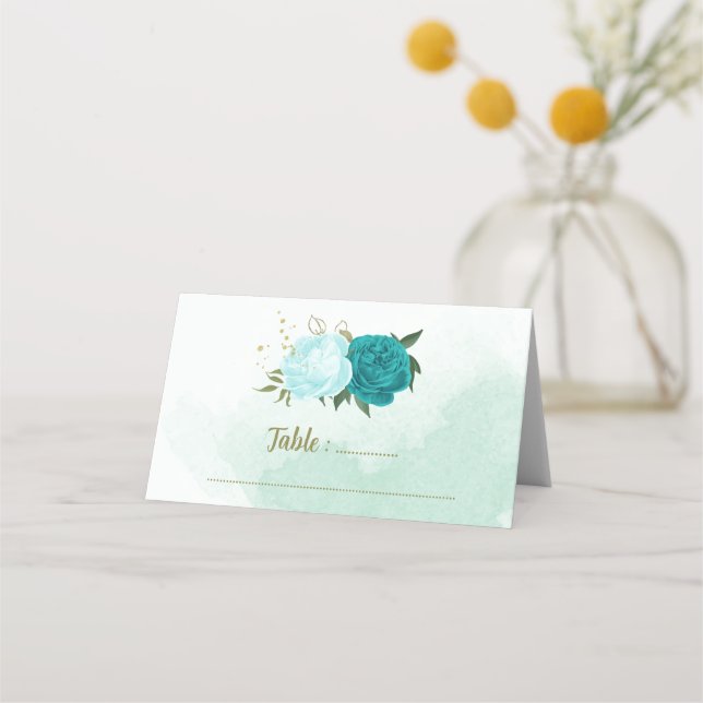 Cartão De Mesa flores turquesas folhas verdes (Frente)
