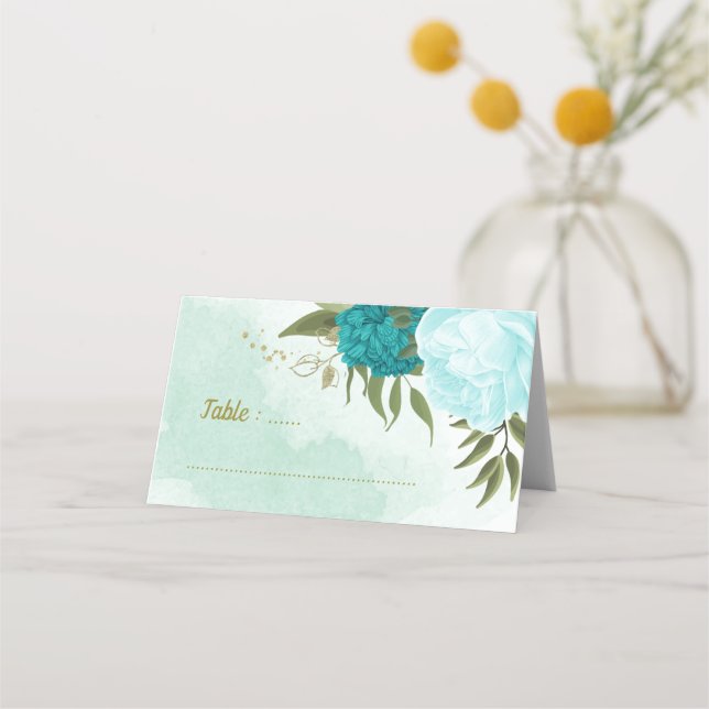 Cartão De Mesa flores turquesas folhas verdes (Frente)