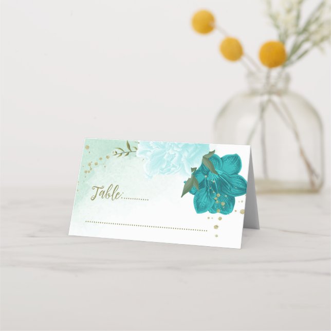 Cartão De Mesa flores turquesas folhas verdes (Frente)