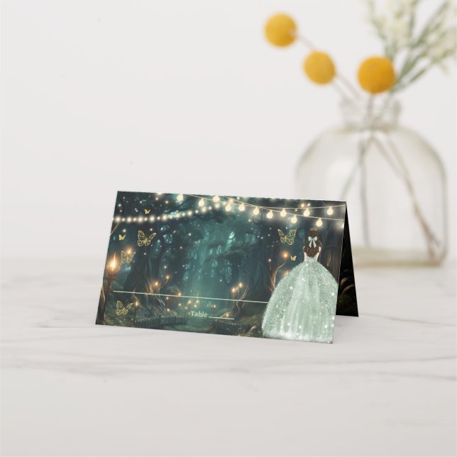 Cartão De Mesa Floresta Encantada Vestido Verde Quinceañera (Frente)
